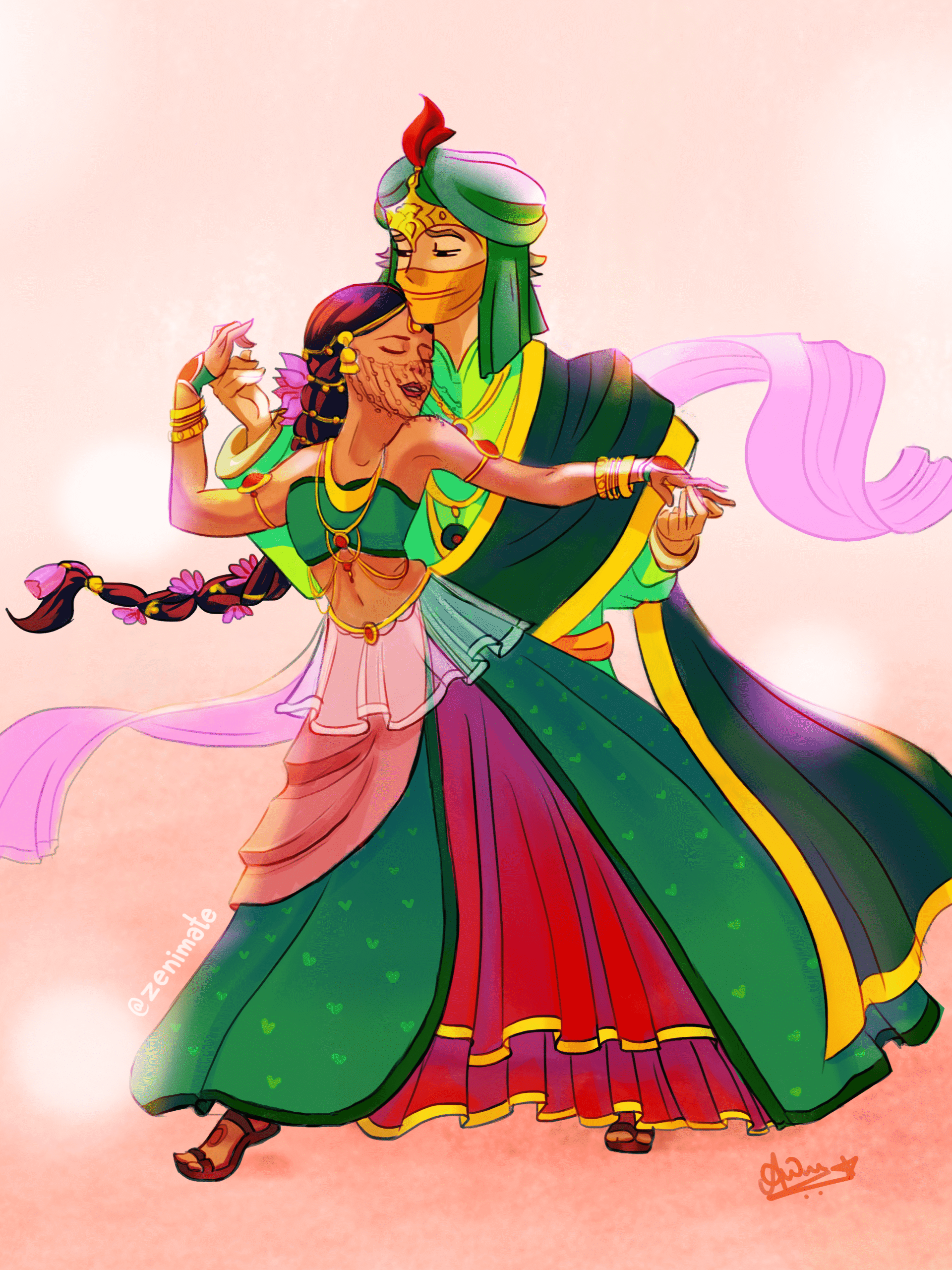 Masquerade party with an Indian couple dancing with the wind